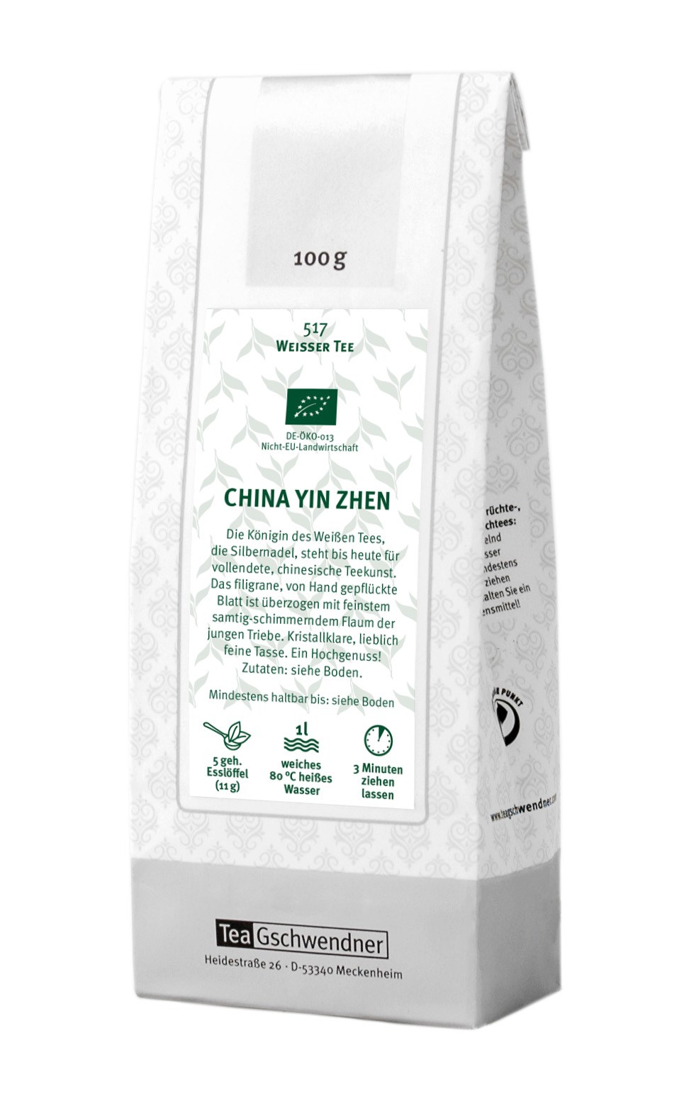 Teegschwendner China Yin Zhen Weißer Tee 100 g Bio, Weißer Tee, China Yin Zhen, Teepackung, 100 g, 1 l Wasser kochend