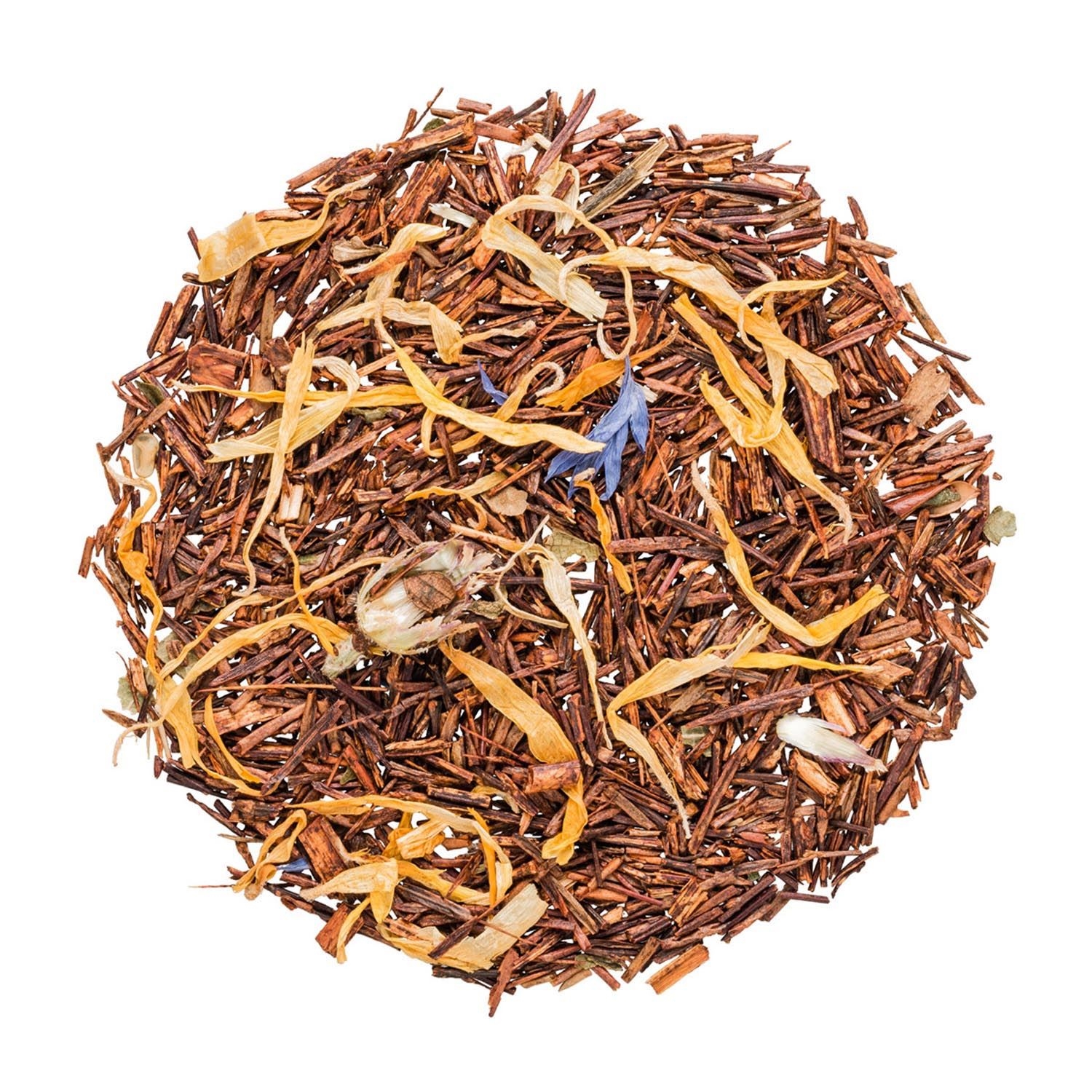 Aromatisierter Rooibos Tee mit Blütenblättern, Rooibos, Tee, Blätter, Naturprodukt, Kräutertee