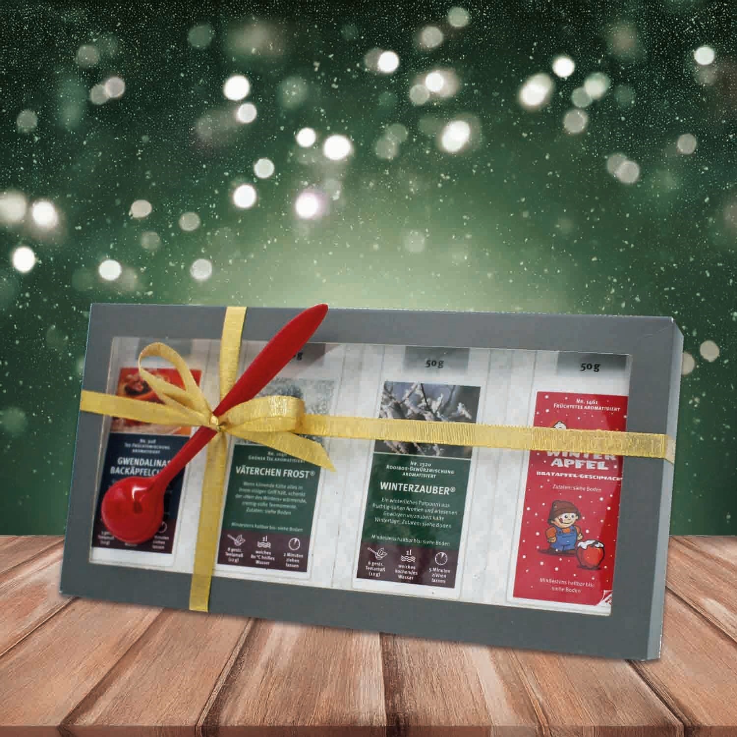 Festliche Geschenkbox mit vier Winter-Gewürzmischungen, Adventskalender, Schachtel, Geschenkset, Schokolade, Kalender