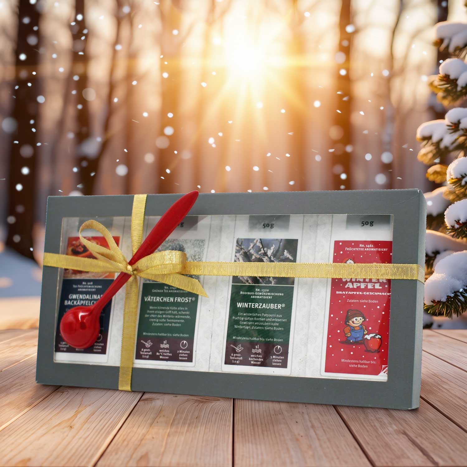 Festliche Geschenkbox mit vier Winter-Gewürzmischungen, Adventskalender, Schachtel, Geschenkset, Schokolade, Kalender, Tee-Geschenkset, Wintertees, Aromatisierter Tee, Geschenkbox, Roter Teelöffel