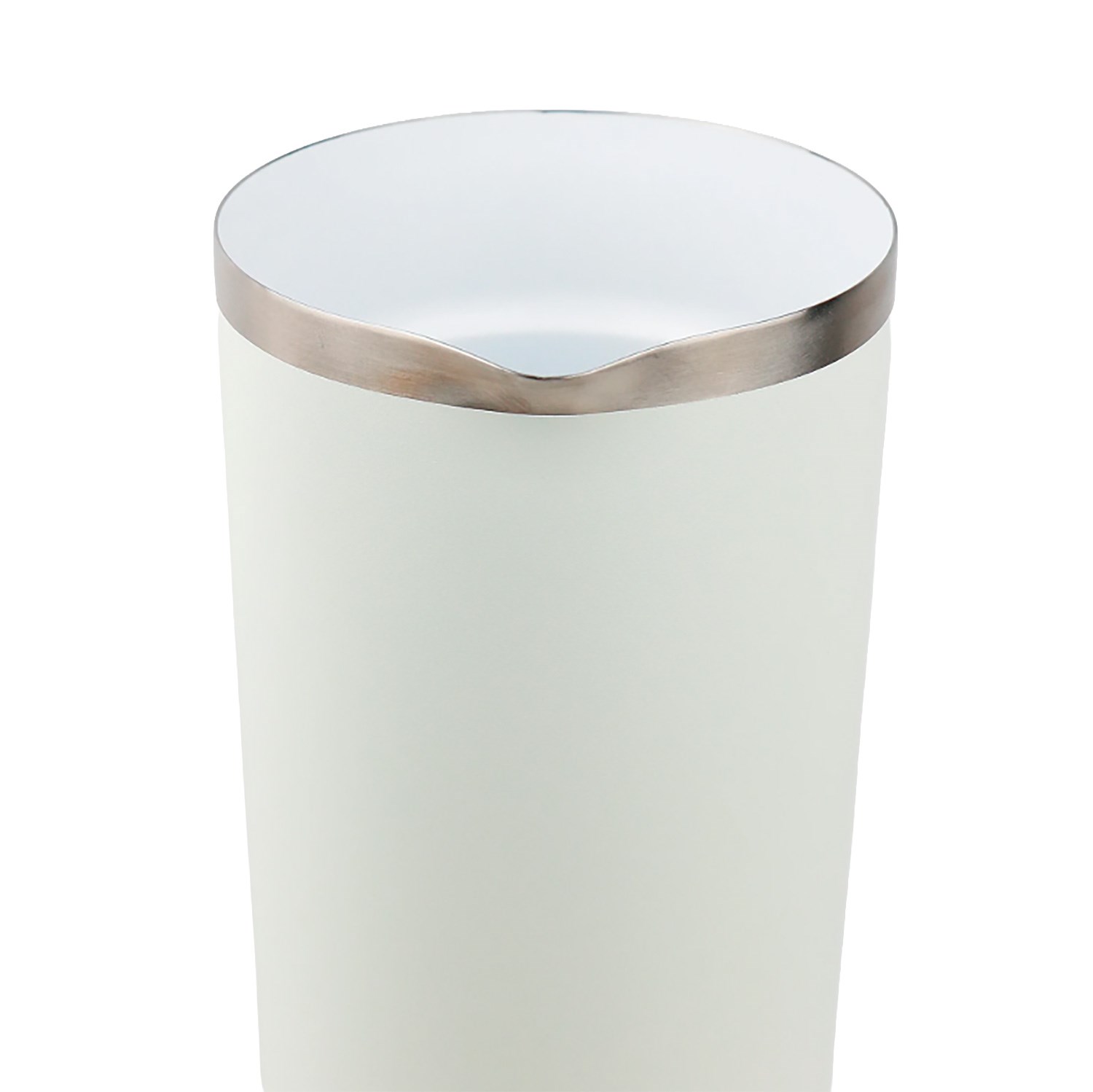 Cylindrical white jug with pouring spout and silver metal rim, ideal for serving milk or drinks