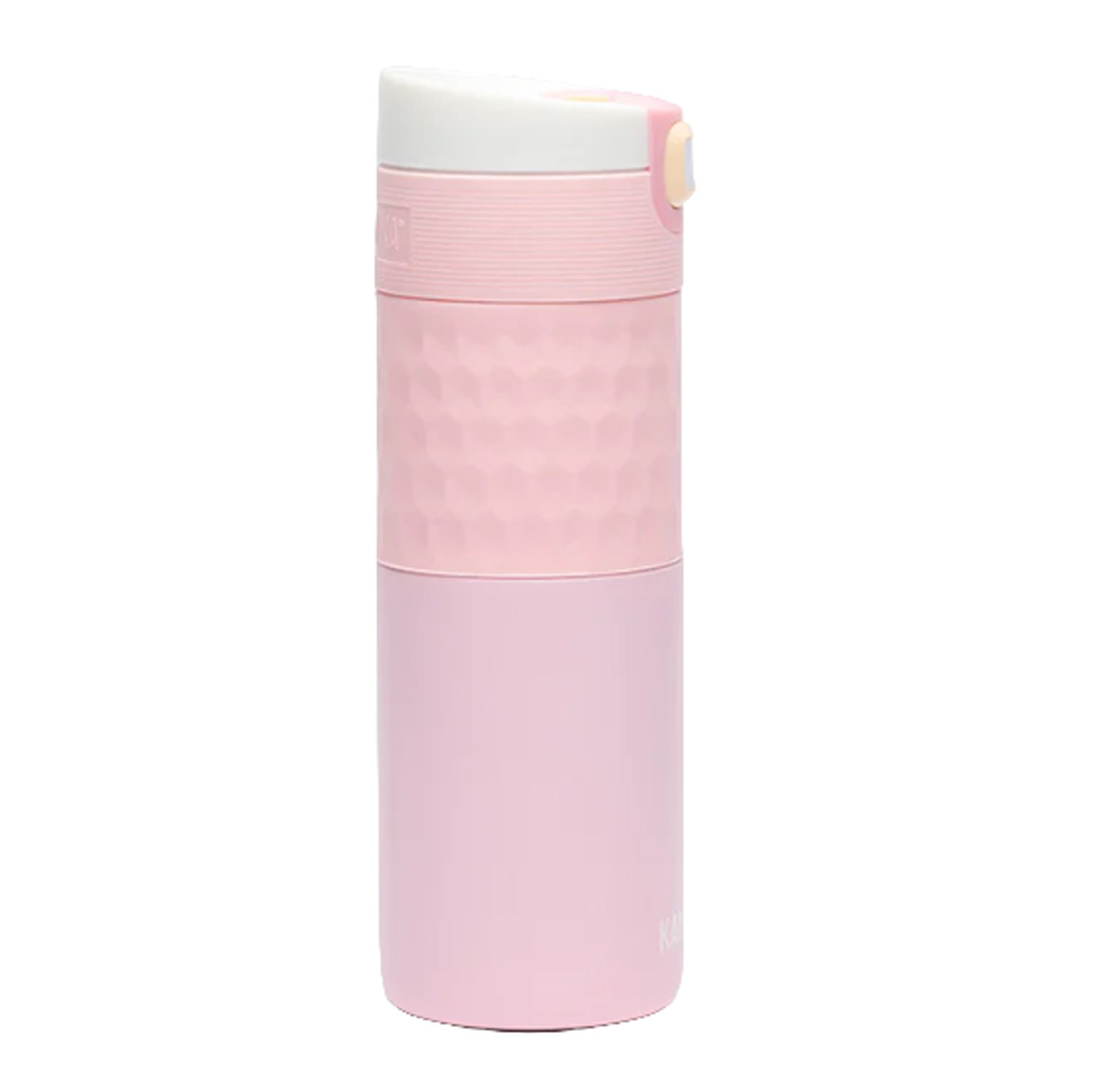 Slim pink stainless steel water bottle with white flip-top lid and textured grip, isolated on a white background