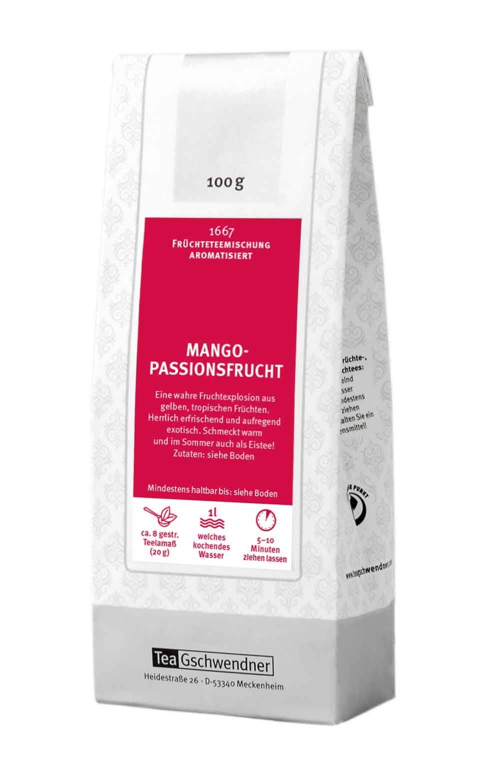 TeeGschwendner Mango-Passionsfrucht aromatisierte Früchtetee, Mango-Passionsfrucht, Früchteteemischung, aromatisiert, 100 g, Teebeutel