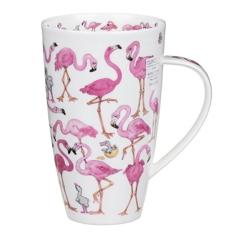 Weißer Kaffeebecher mit vielen rosa Flamingos bedruckt, Flamingo, Becher, Weiße Keramik, Rote Vögel, Gemustertes Tasse