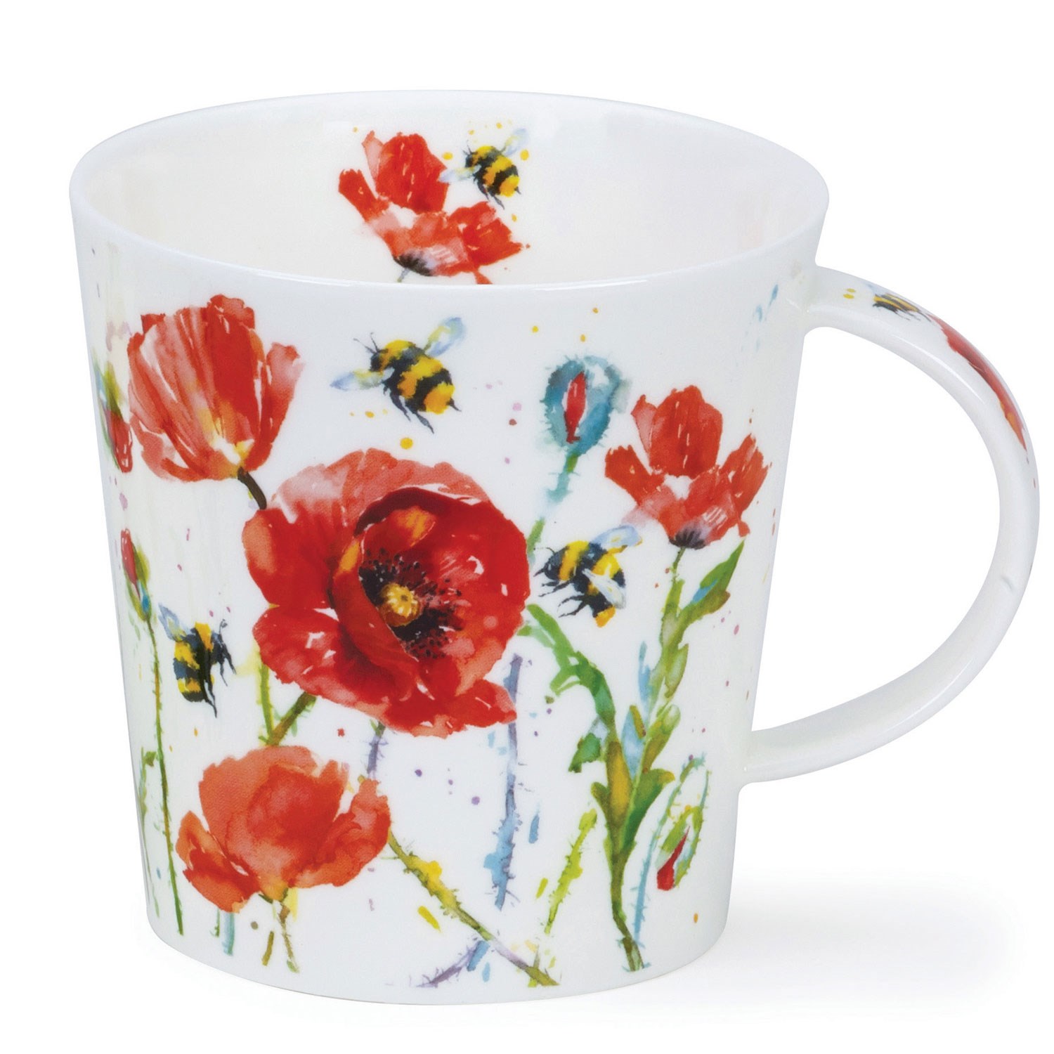 Weiße Porzellantasse mit Mohnblumen und Bienen, porzellanbecher, blumenmuster, rote mohnblumen, kaffebecher, weißer becher