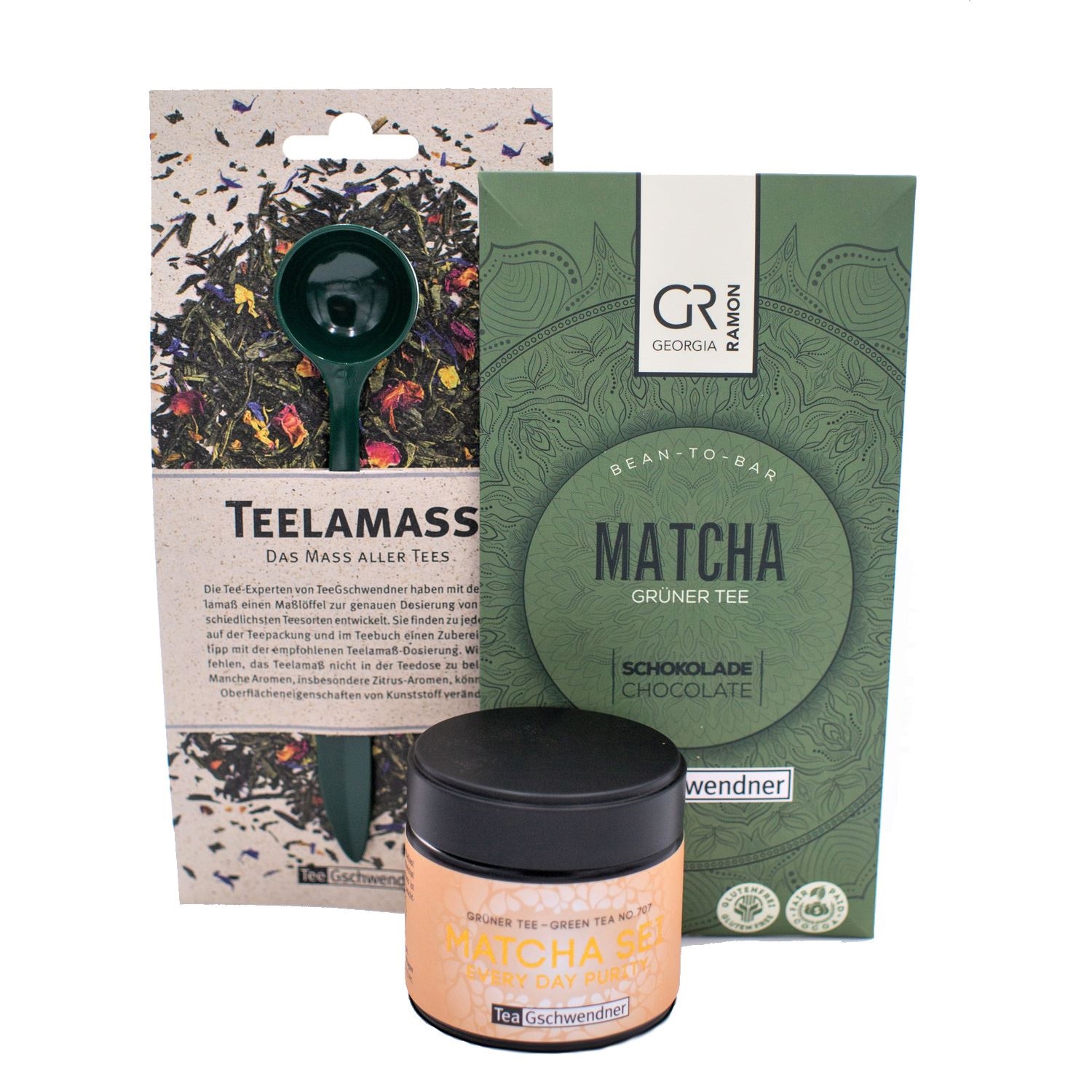 Matcha Tee Geschenkset mit Schokolade und Dosierlöffel, Matcha, Grüner Tee, Schokolade, Teeset, Beutel-Set