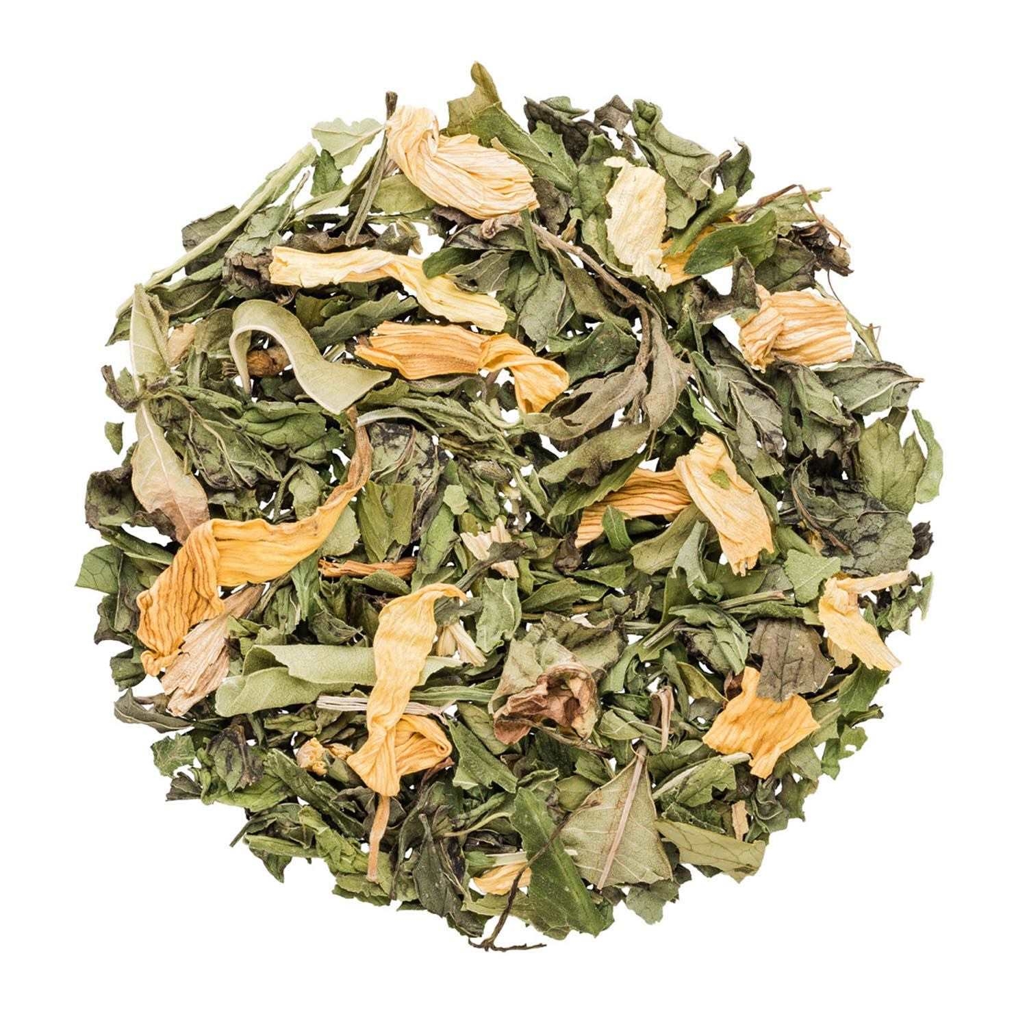 Runde Kräutertee-Mischung aus Blättern und Blütenblättern, Kräutertee, geblättert, Kräuter, Tee-Mischung, getrocknete Blätter