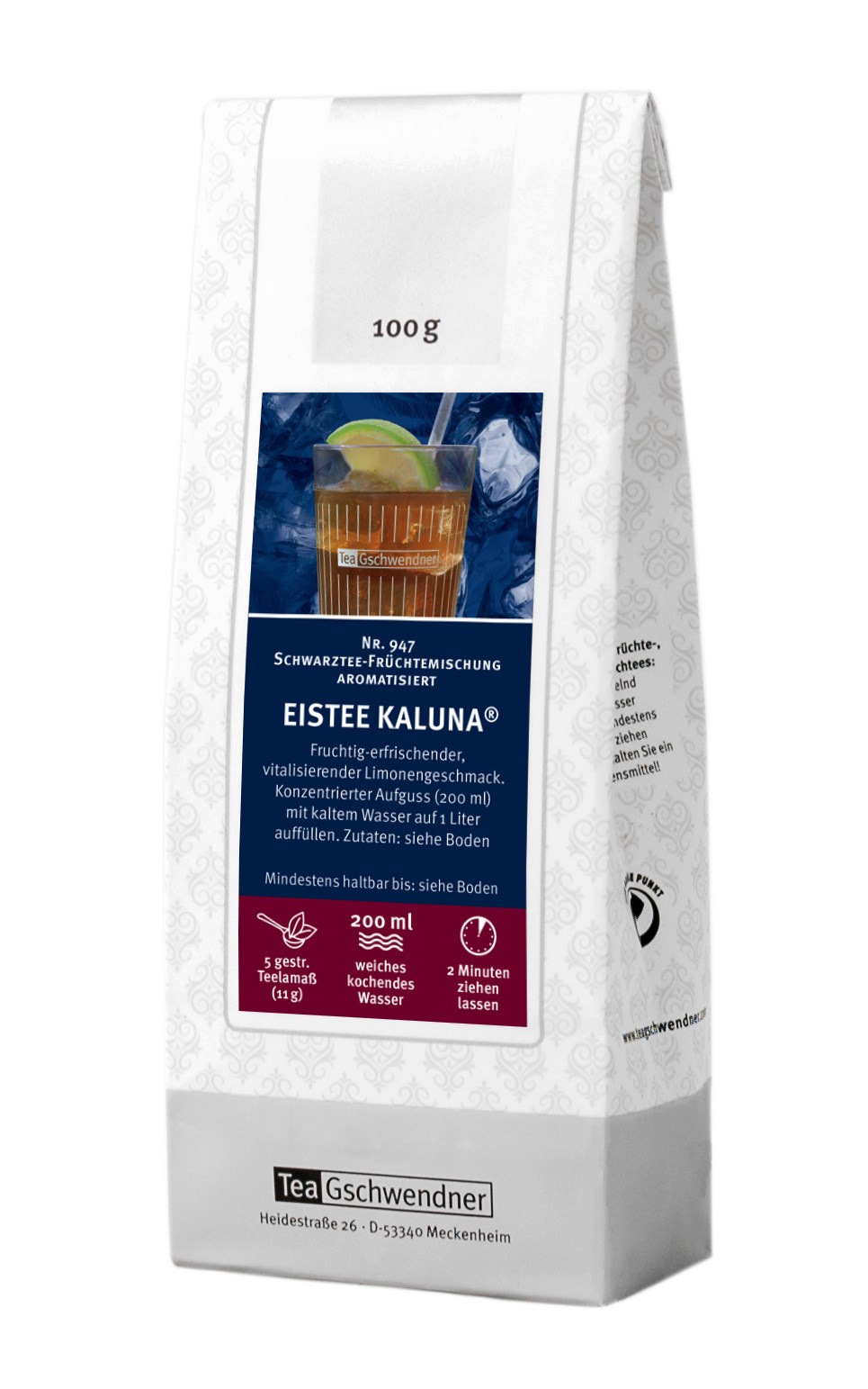 Teepackung Tea Gschwendner Eistee Kaluna 100g, Eistee Kaluna, Schwarztee-Fruchtmischung, Limonengeschmack, Konzentrierter Aufguss, 200 ml