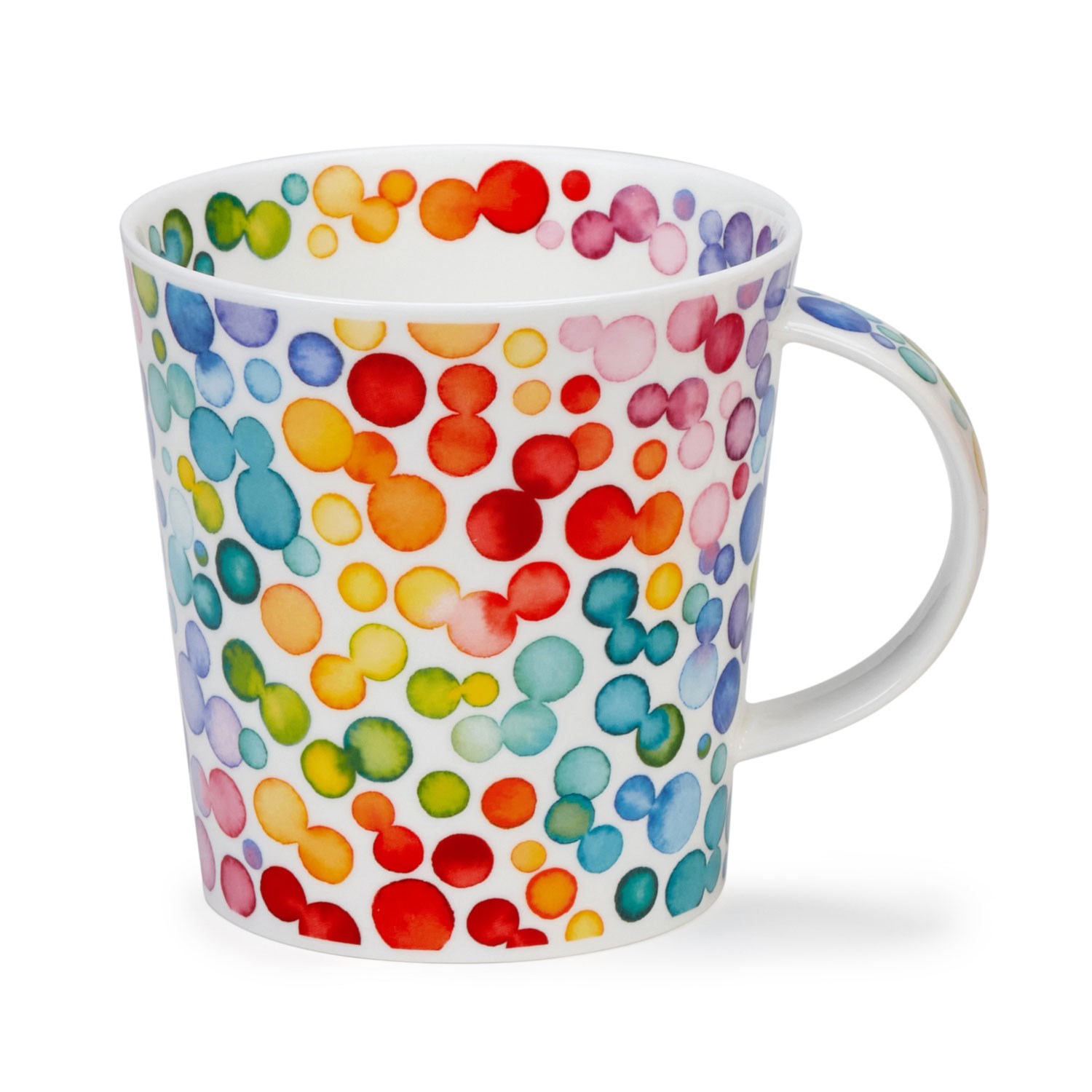 White porcelain mug with multicoloured, watercolour-style rainbow dots