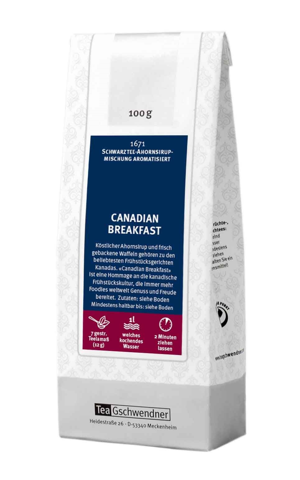 TeaGschwendner Canadian Breakfast Schwarzer Tee 100g Beutel, 100 g, Canadian Breakfast, Schwarztee-Ahornsirup-Mischung aromatisiert, Honig-Ahornsirup, Pfannenkuchen-Waffeln