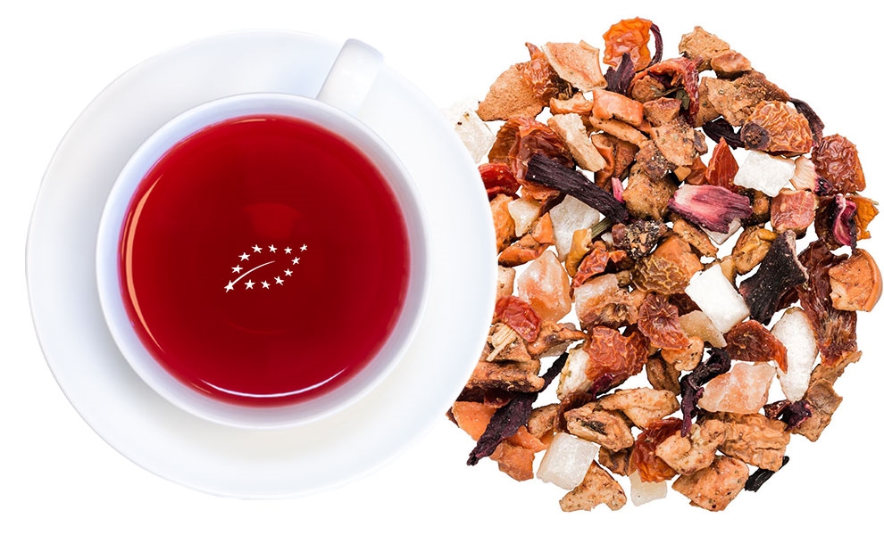 Weiße Tasse mit rotem Früchtetee und loser Teemischung, Kräutertee, Teetasse, Tee-Mischung, Früchtetee, Aufguss