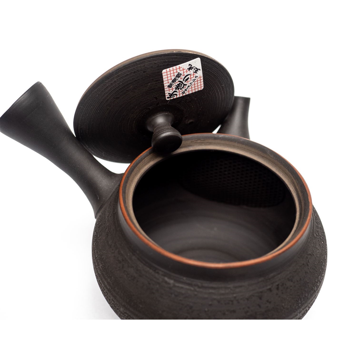 Offene schwarze Kyusu-Teekanne aus Keramik, Teekanne, Kanne, Schwarze Keramik, Deckel, Gebrauchsanweisung sticker