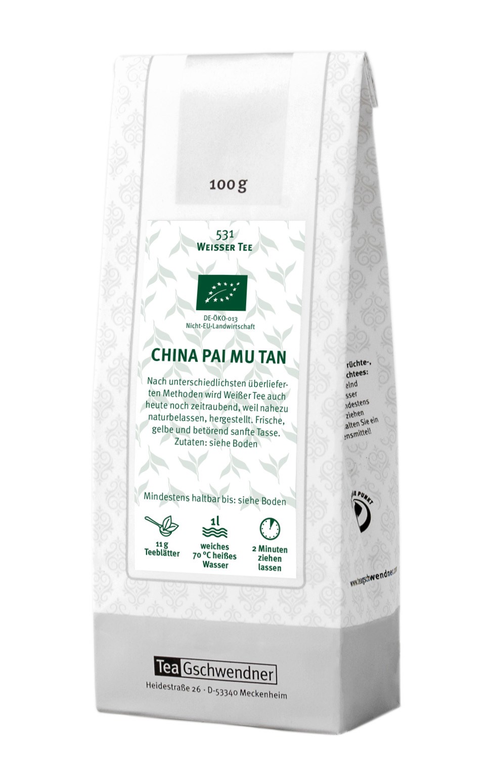 Teegschwendner China Pai Mu Tan Weißer Tee 100 g Bio, China Pai Mu Tan, Weißer Tee, 100 g, 1 L, Bio-Logo