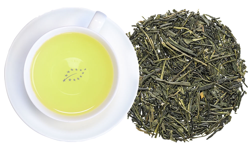Tasse mit japanischem Sencha Grüntee und losem Tee, Grüner Tee, Tee-Blätter, Teepaste, Bio-Tee, Tee-Set
