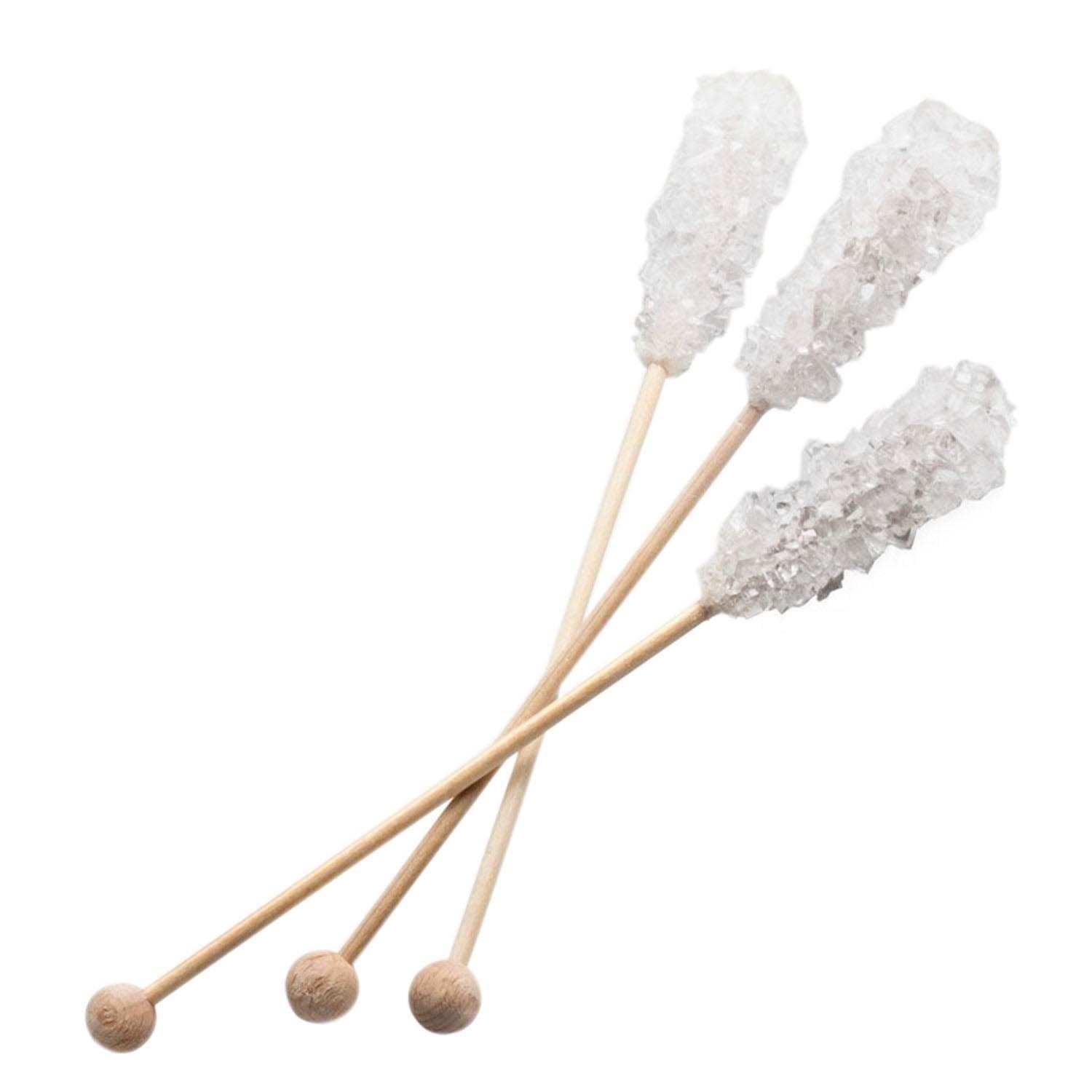 Drei klare Kandiszucker-Sticks auf Holzstäbchen, rock_crystal, drift_wood_stem, rock_sugar_stick, crystal_cluster, drusy_crystal