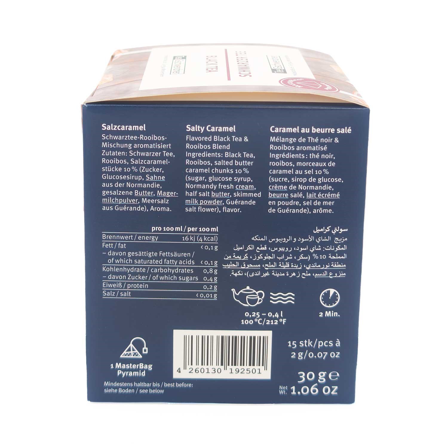 Rückseite Salzcaramel Schwarztee-Rooibos mit Zutaten, schwarzer tee, roiboos, karmell, salzige karmell, verpackung schachtel