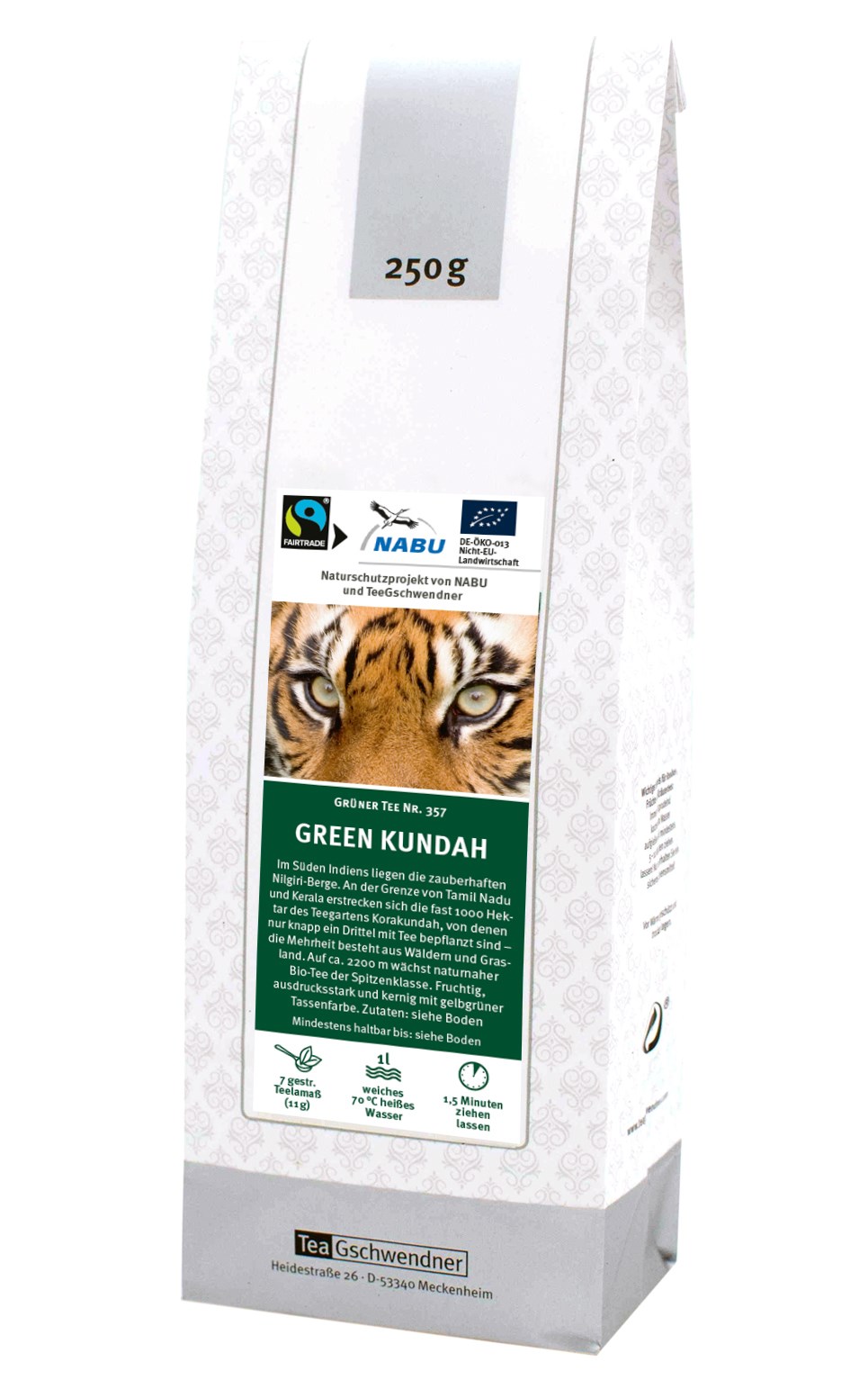 Produktfoto Tee Gschwendner Green Kundah Grüner Tee 250g, katz, tee, grüner kun.dah, tiger, verpackung
