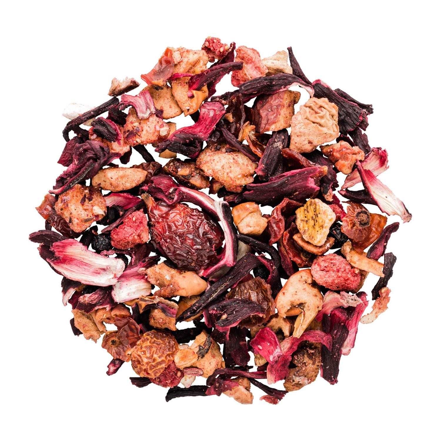 Bunte Früchtetee-Mischung aus getrockneten Stücken, Hagebutte, Himbeerrose, Kräutertee, Fruchtstückchen, Tee-Blätter