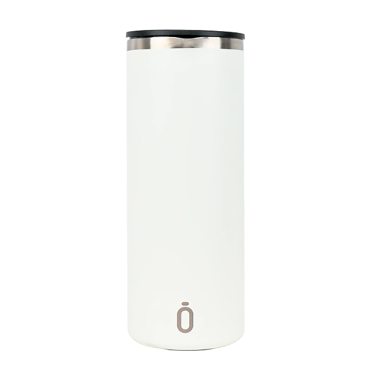 White double-walled stainless steel travel mug with black lid and subtle logo on the front
