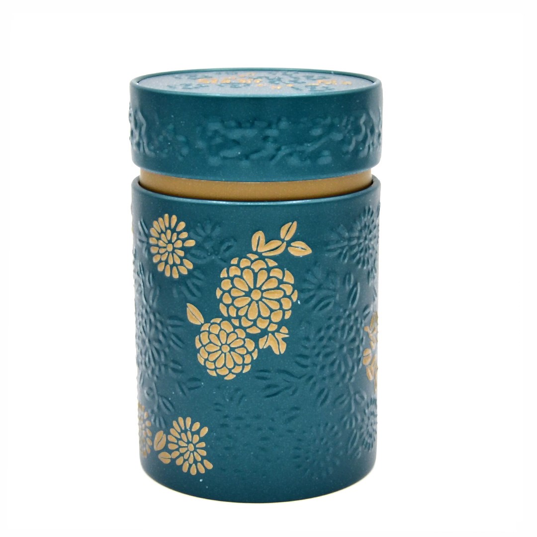 Blaue Teedose mit goldener Blumenprägung und Deckel, Toilettenbehälter?, ceramischer Krug, goldenes Blumenmuster, dunkelblau/grün, Deckelgefäß