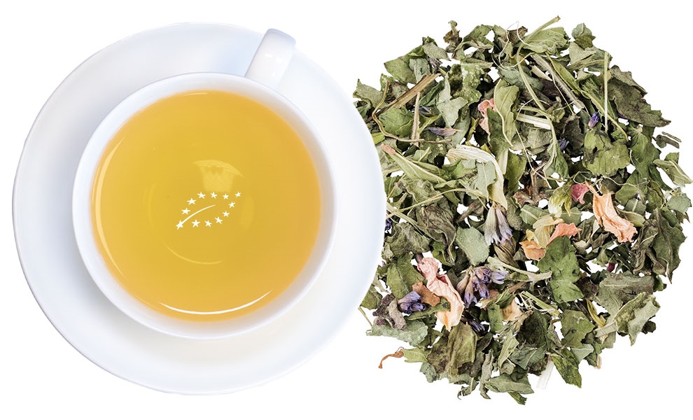 Tasse aufgebrühter Chillma® Bio Kräutertee neben der losen, krautig-süßlichen Teemischung mit Melisse, Hanf und Hopfen, tee, krautiges getrocknetes blatt, loser blatttee, grüner tee, tasse