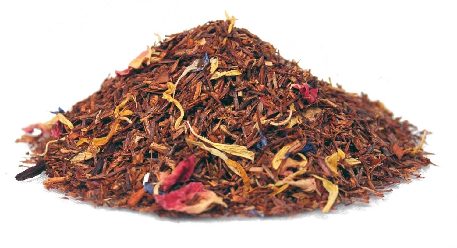 Loser Rooibos-Tee mit bunten Blütenblättern, tee, losesblättriger, kräutertee, blüten, komposition