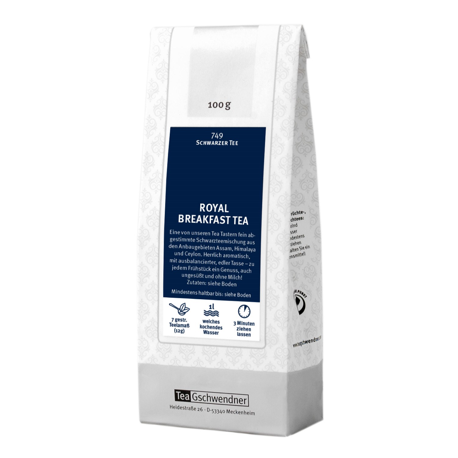 Packung TeaGschwendner Royal Breakfast Tea schwarzer Tee, Schwarzer Tee, Royal Breakfast Tea, Teepackung, 100 g, Hochlandtee