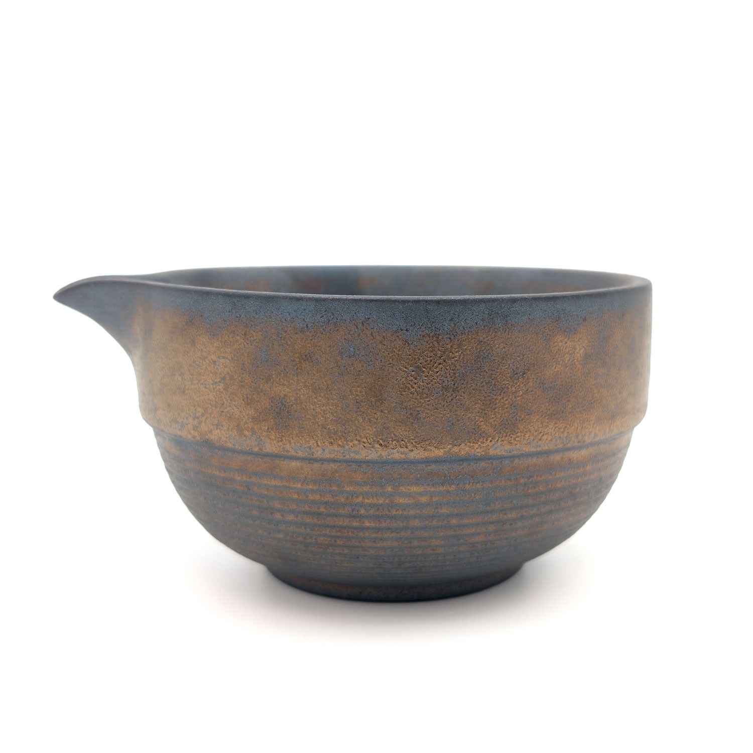 Brown ceramic matcha tea bowl with pouring spout, handmade