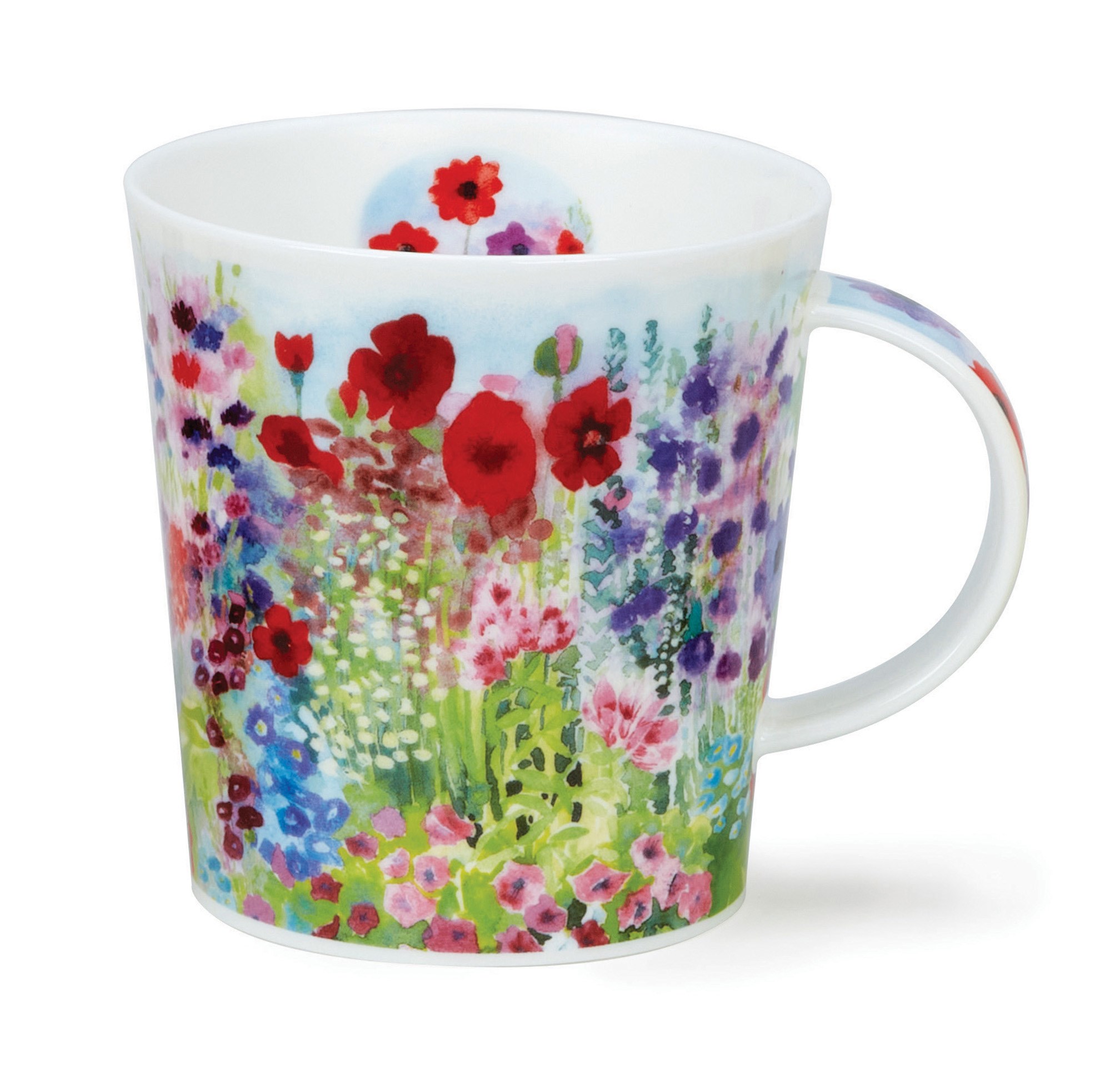 Weiße Porzellantasse mit bunter Blumenwiese, becher, keramik, blumenmuster, bunt, griff