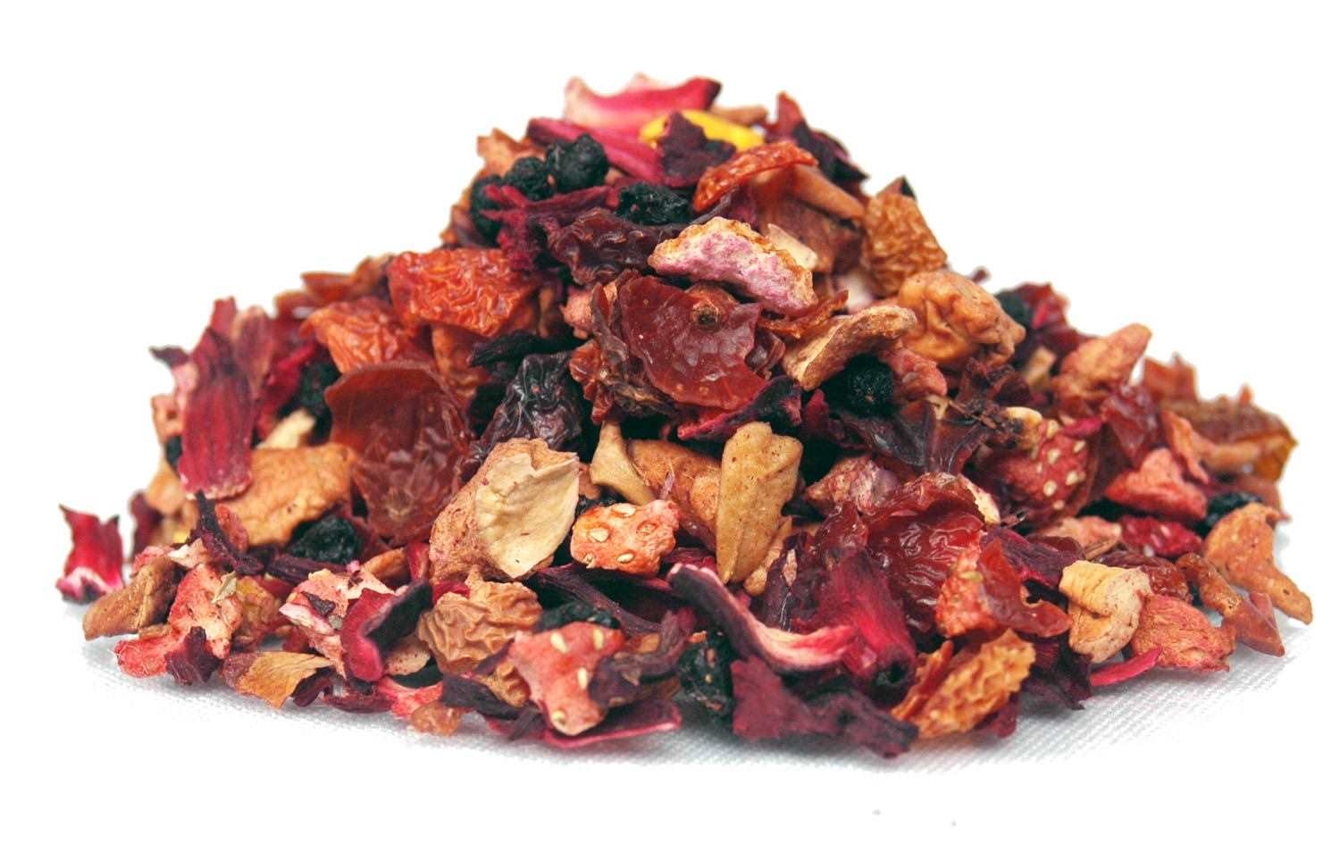 Bunter loser Früchtetee mit getrockneten Stücken, Fruchtchips, Tee-Zusatz, Trockenfrüchte, Beerenmischung, Rosinenmix