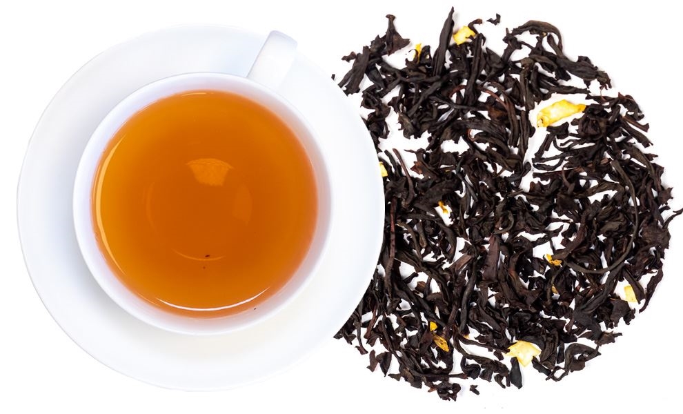 Weiße Tasse Schwarztee mit losen Teeblättern, Tea, Schwarztee, Lose Blätter, Orangener Tee?, Kräuterhinweis
