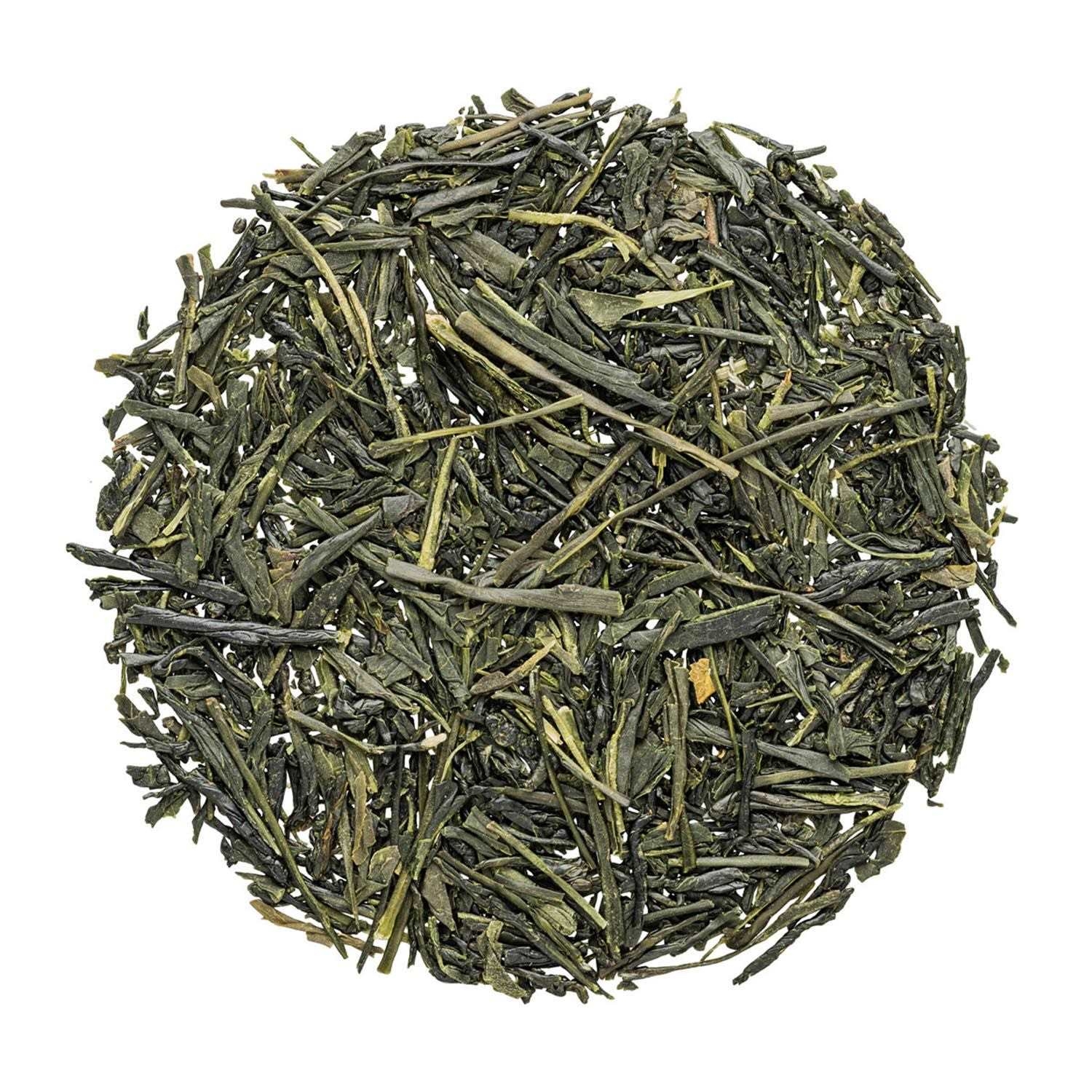 Nahaufnahme von losem japanischem Grüntee Sencha, Grüntee, Teeblätter, Lose Blätter, Blätter, Runde