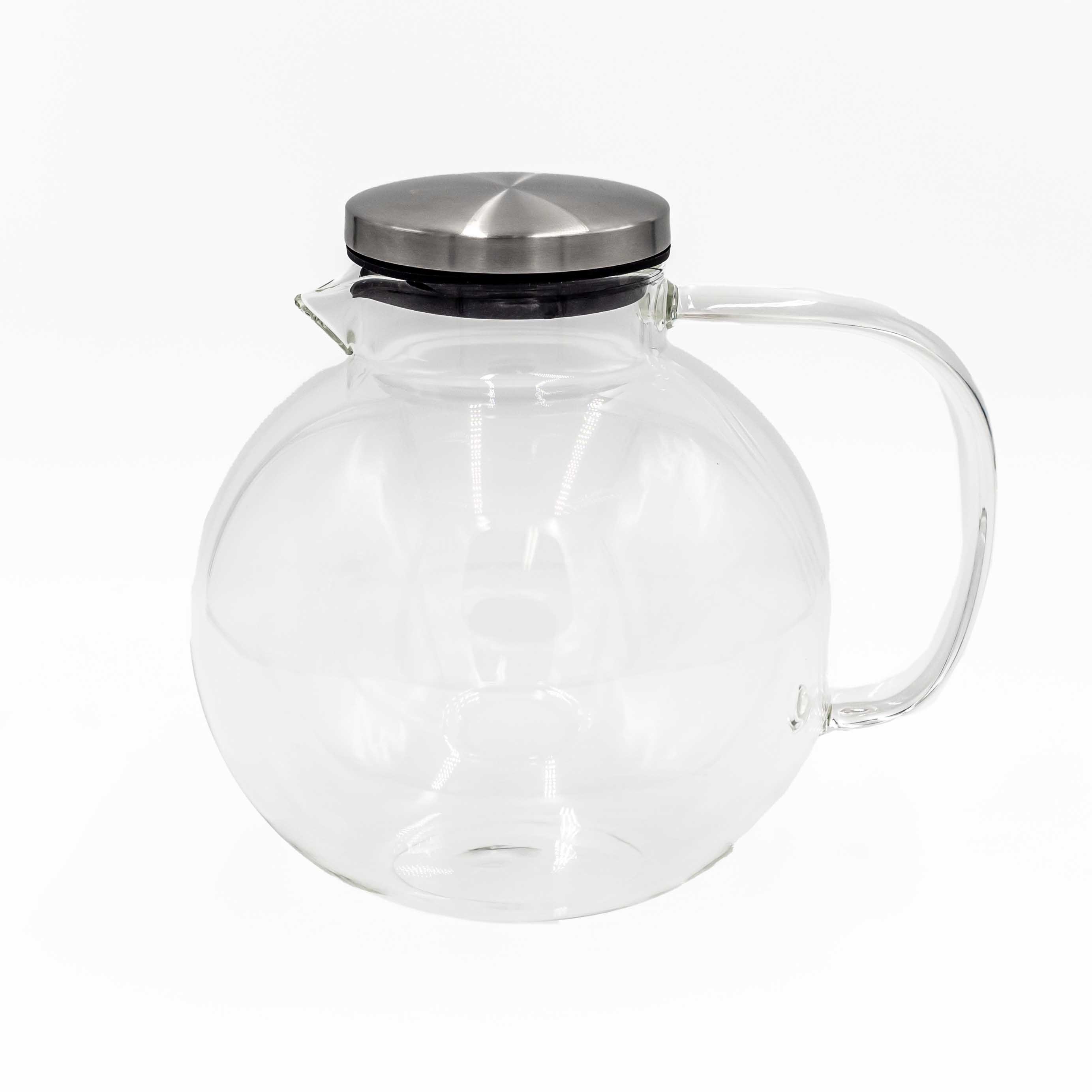 Transparente Glaskanne mit rundem Bauch und Metalldeckel,  Glas Karaffe, Glaskanne, Wasserkrug, Karaffe mit Deckel, Transparentes Glas
