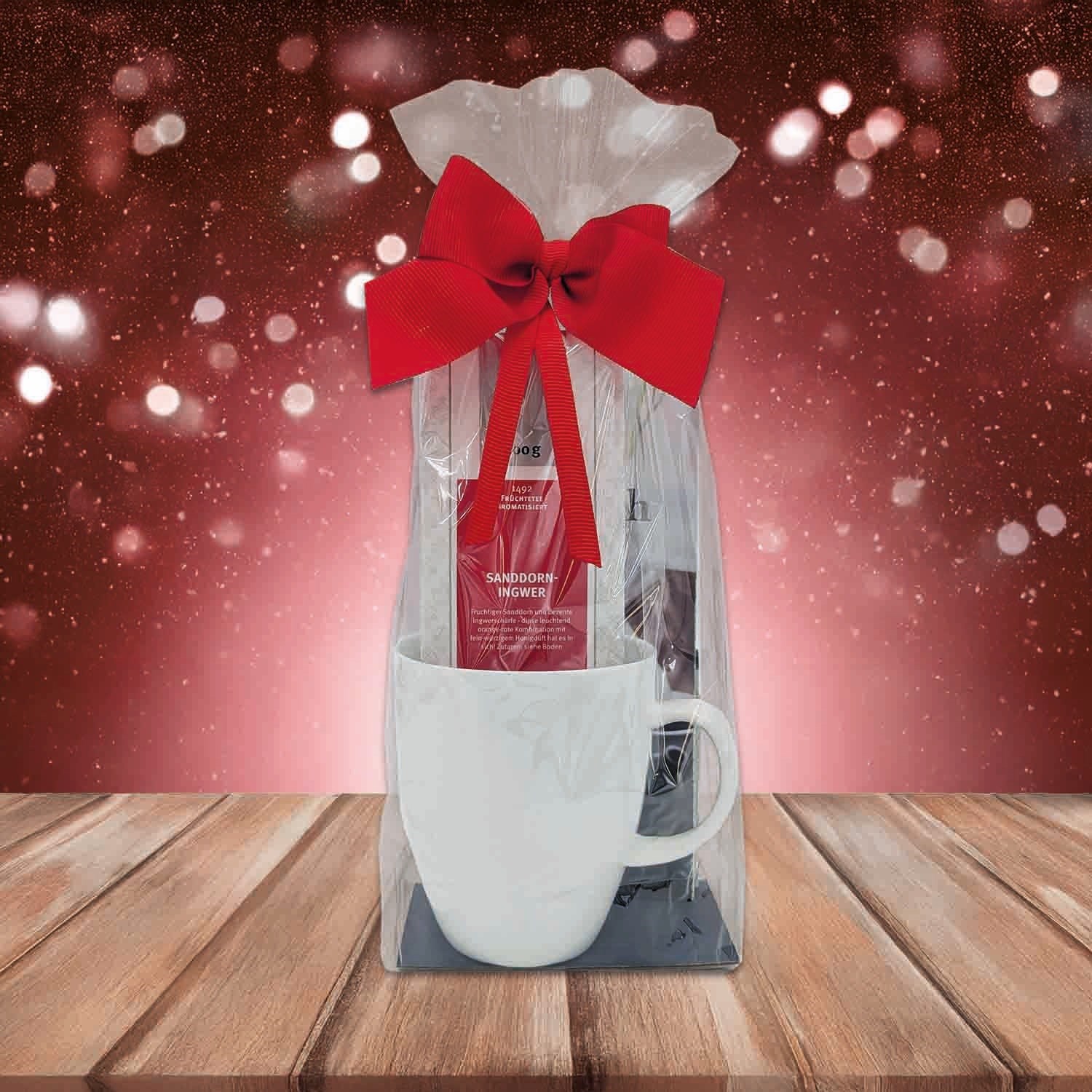 Geschenkset mit Tasse und Sanddorn-Ingwer Tee