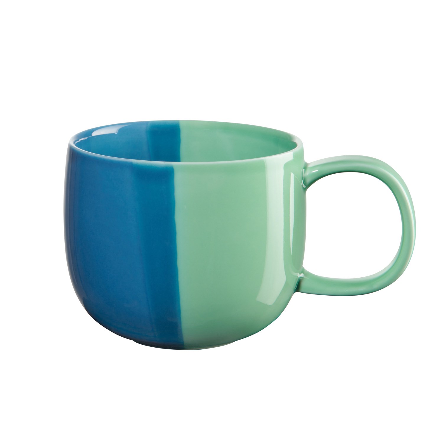 Round ceramic mug with large handle in two-tone blue and green design on white background