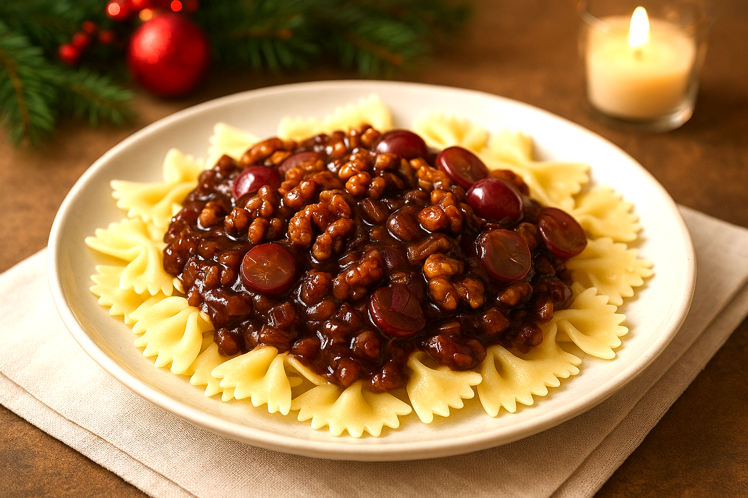 Farfalle pasta with walnut grape sauce on plate