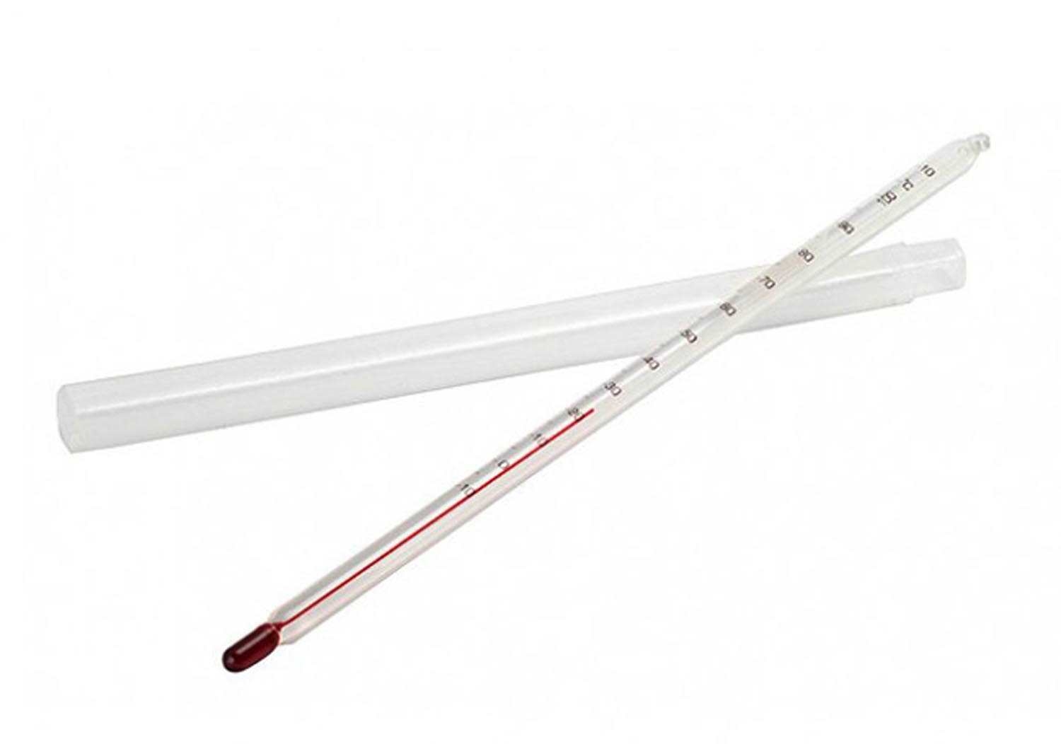 Glasfieberthermometer mit Schutzetui auf weißem Hintergrund, Thermometer, Glasrohr, Schwimmthermometer, Körpertemperatur, Röhrenthermometer