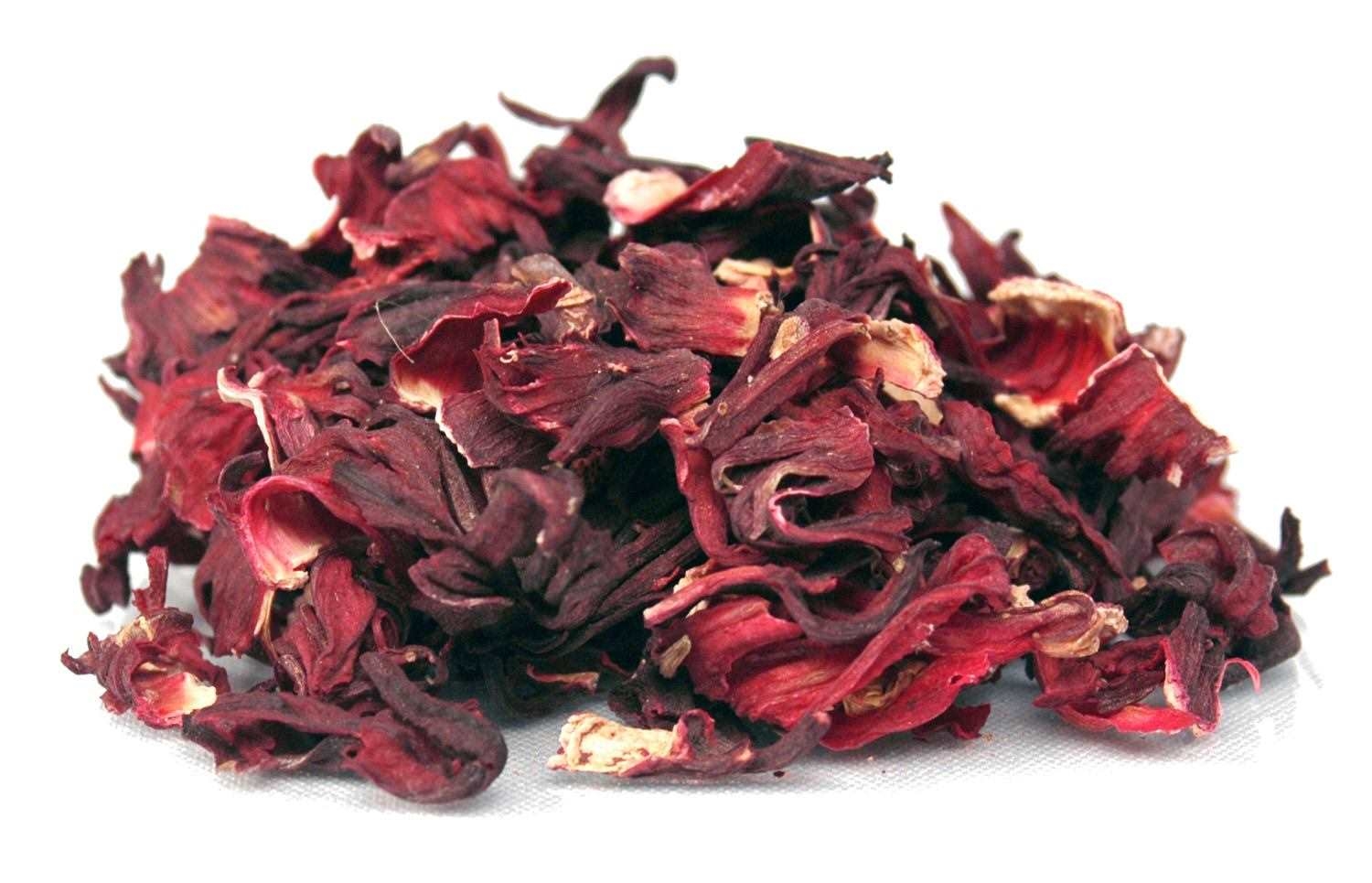 Rote getrocknete Hibiskusblüten für Tee, Hibiskusblüten, Blütenstücke, Rosenrot, Trockenblüten, Teeblätter (Hibiskus)