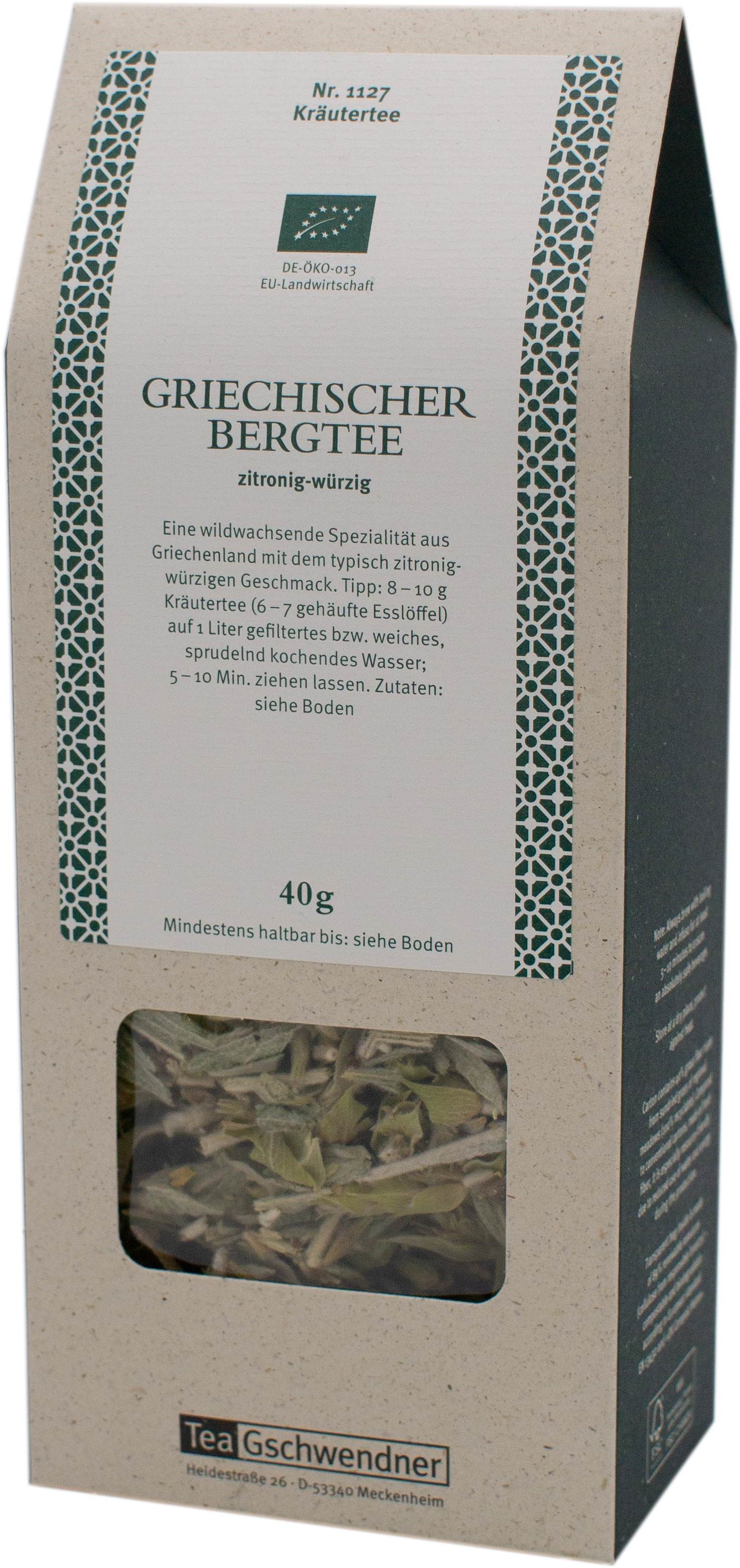 Packung Tea Gschwendner Griechischer Bergtee Bio 40g, Kräutertee, Griechischer Bergtee, zitronig-würzig, 40g, lose Blätter