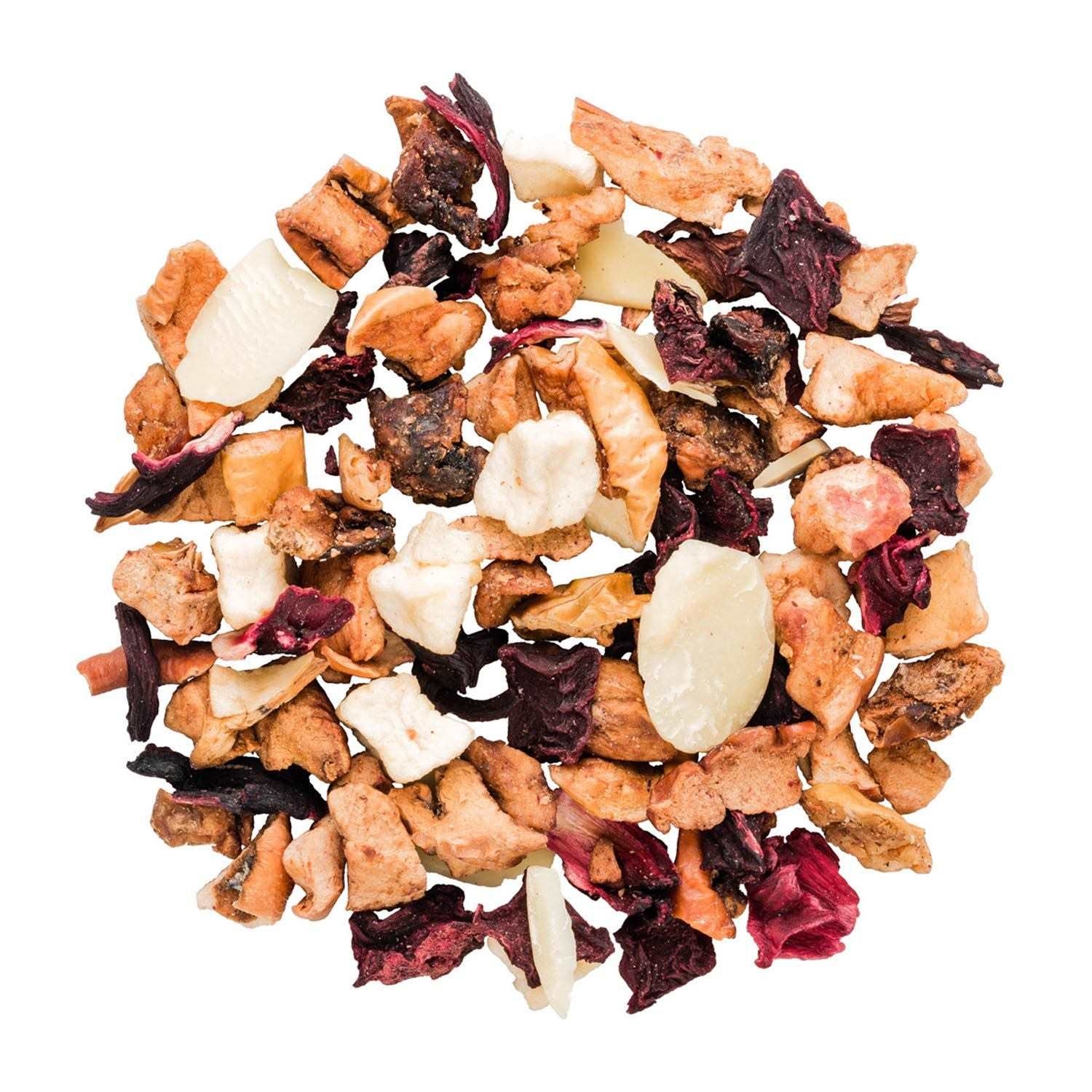 Bunte Früchtetee-Mischung aus getrockneten Stücken, Tee-Mischung, Kräutertee, Trockenfrüchte, Beeren, Karamell