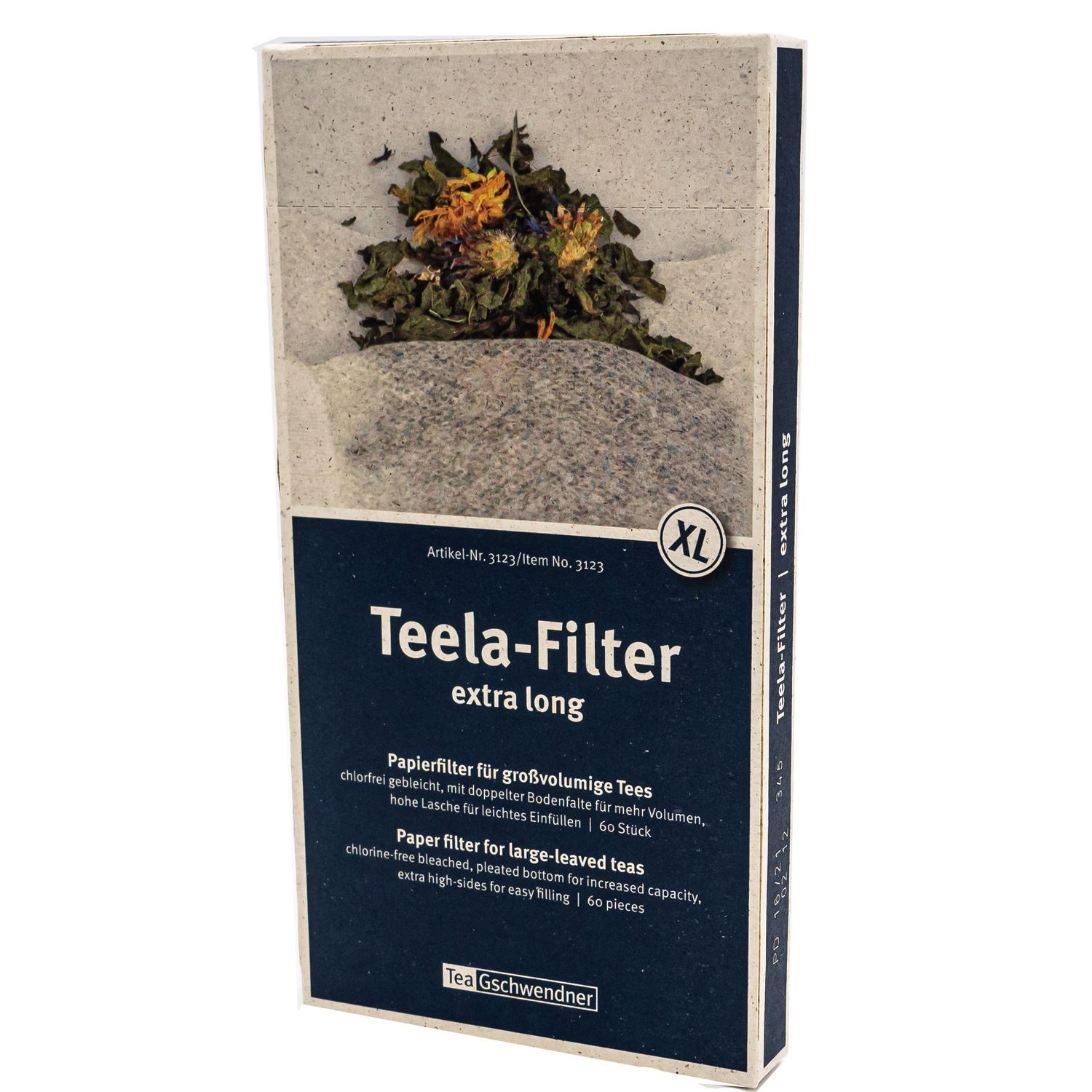 Packung TeaGschwendner Teela-Filter XL extra long, Teela-Filter, extra long, Papierfilter, großvolumige Tees, 60 Stück