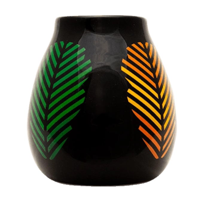 Schwarze Vase mit grünem und orangefarbenem Blätterdesign