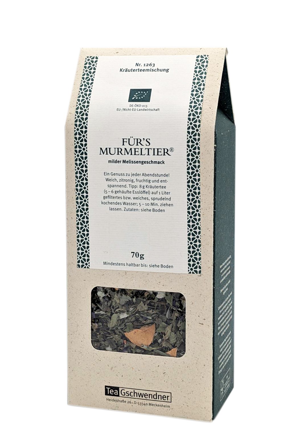 Packung TeaGschwendner Für’s Murmeltier Kräutertee 70g, Kräutertee, Melissengeschmack, 70 g, Lose Tee, Teeverpackung
