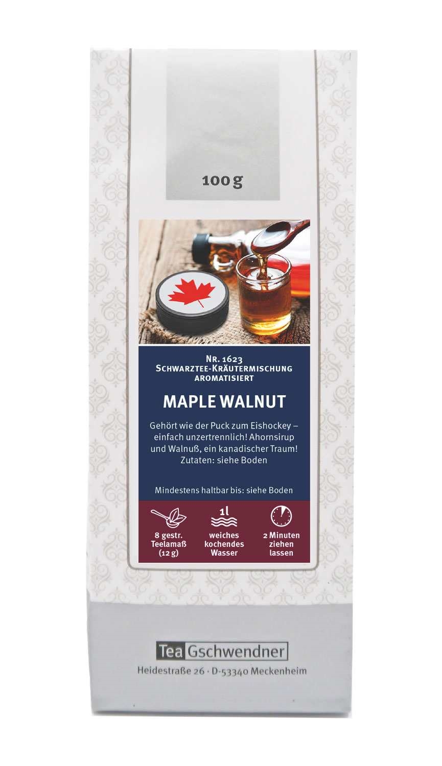 Tea Gschwendner Maple Walnut aromatisierter Schwarztee 100g, Maple, Walnut, aromatisiert, Sirup, Tee-Aroma