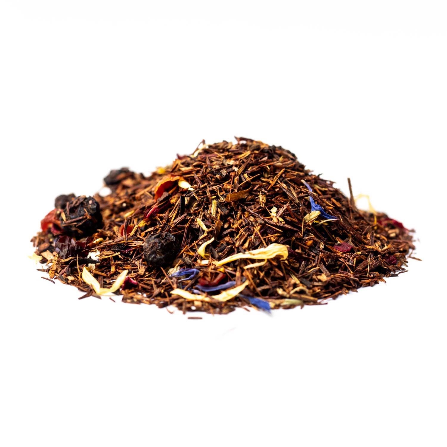 Haufen aromatisierter Rooibos-Tee mit Beeren und Blüten, Tee, Kräutertee, lose Blätter, Blüten, Teemischung