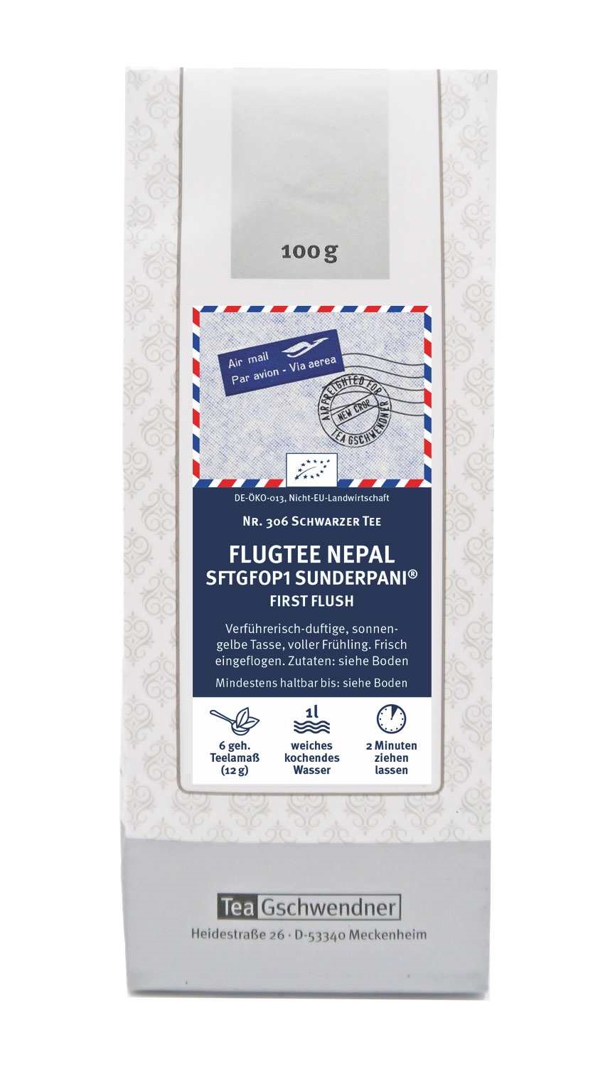 Teegschwendner Flugtee Nepal SFTGFOP1 Sunderpani 100g, Tee, Schwarztee, Nepal, First Flush, 1 l