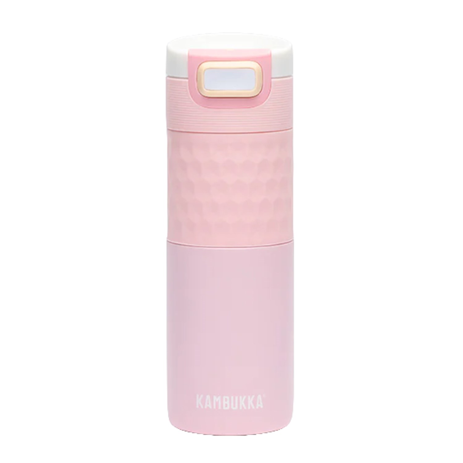 Pink Kambukka drinking bottle with textured middle section and leak-proof lid, isolated on a white background