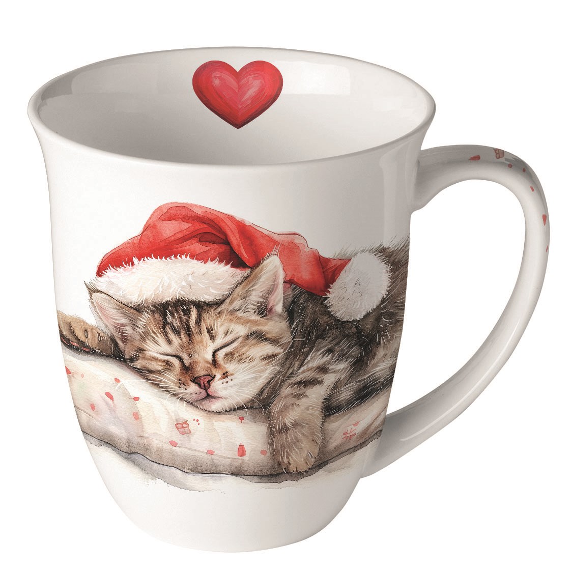 Kaffeetasse mit schlafender Katze und Weihnachtsmütze