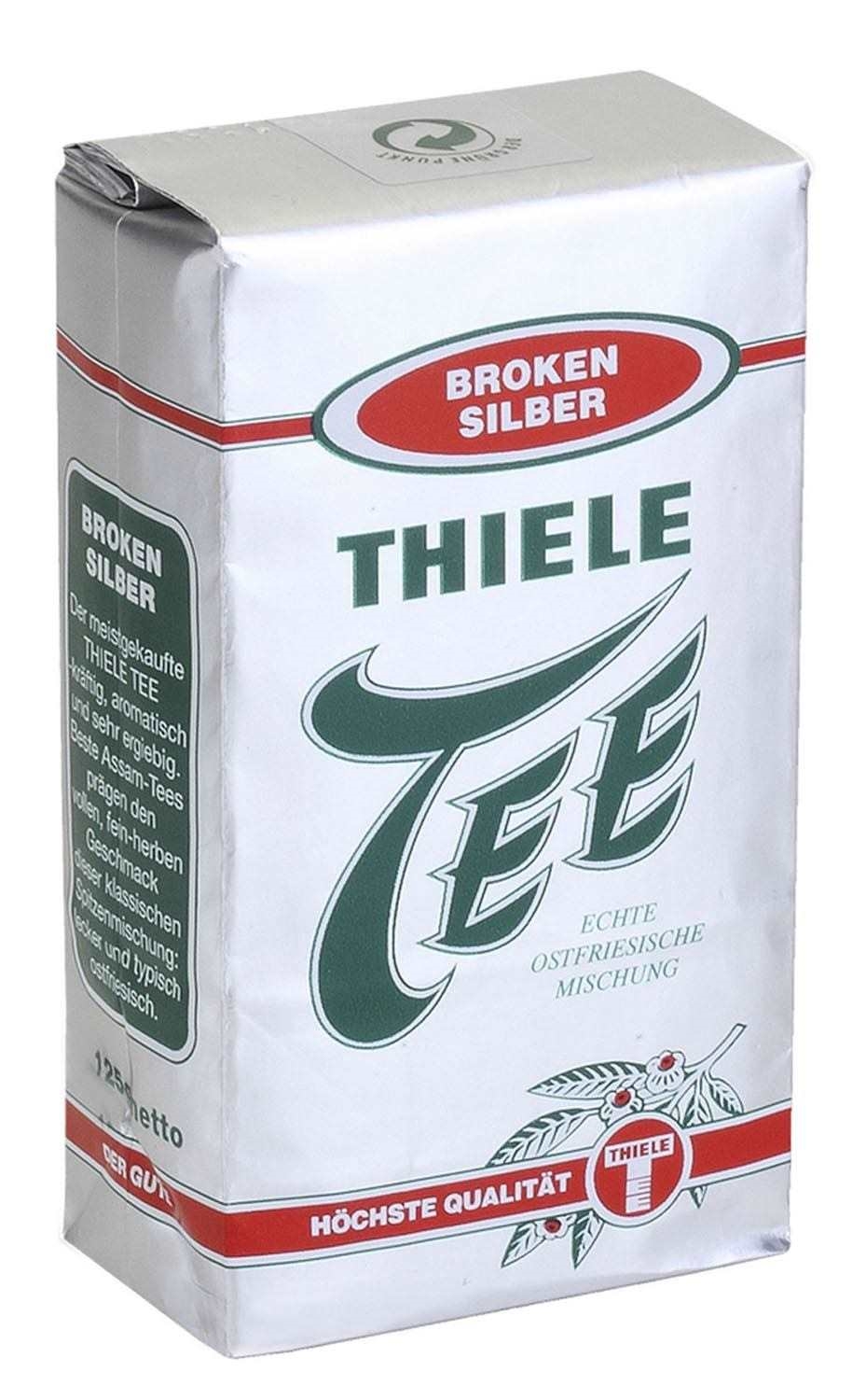 Packung Thiele Tee Broken Silber ostfriesische Mischung, Tee, Earl Grey, Schwarztee, Karton, Beuteltee