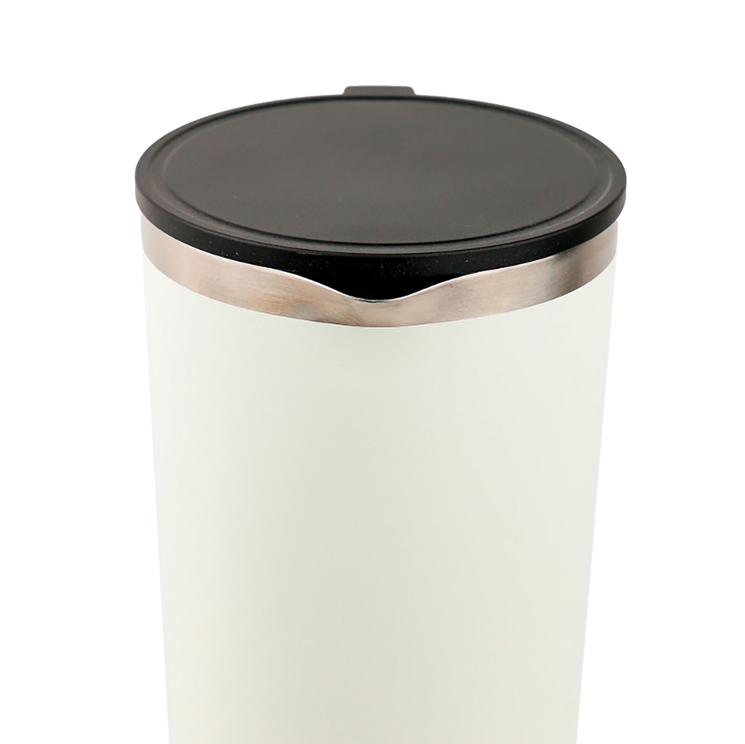 White stainless steel travel mug with black lid and metal rim, front view